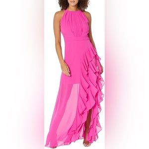Betsy & Adam PINK Long Chiffon Halter Dress